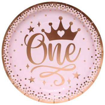 Pink Gold Girl One Year Birthday σερβίτσιο μιας χρήσης Princess Crown Plates Χάρτινα κύπελλα 1st Baby Girl Happy Birthday Decor