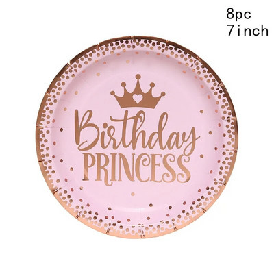 Pink Gold Girl One Year Birthday σερβίτσιο μιας χρήσης Princess Crown Plates Χάρτινα κύπελλα 1st Baby Girl Happy Birthday Decor