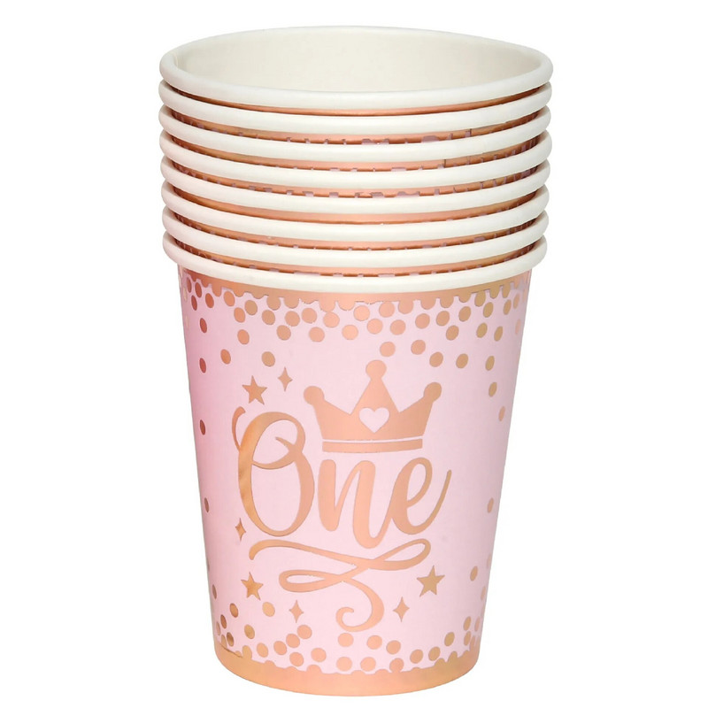 Pink Gold Girl One Year Birthday σερβίτσιο μιας χρήσης Princess Crown Plates Χάρτινα κύπελλα 1st Baby Girl Happy Birthday Decor