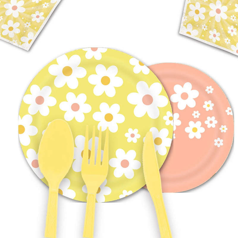 Daisy-teemaline sünnipäevapeo kujundus Roosad ühekordsed lauanõud Daisy pabersalvrätik Baby Shower Sünnipäevapeo pulmadekoratsiooniks