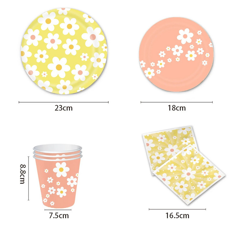 Daisy-teemaline sünnipäevapeo kujundus Roosad ühekordsed lauanõud Daisy pabersalvrätik Baby Shower Sünnipäevapeo pulmadekoratsiooniks