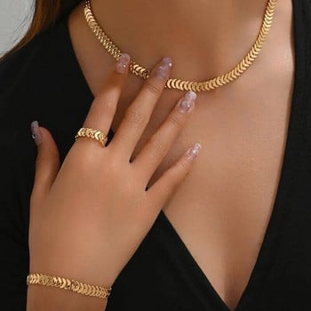 3 ΤΕΜ. Vintage χρυσό σε στρογγυλό σχήμα Σετ κοσμημάτων Κολιέ βραχιόλι Σετ δαχτυλίδι με αλυσίδα σνακ για γυναίκα σε μοντέρνο στυλ