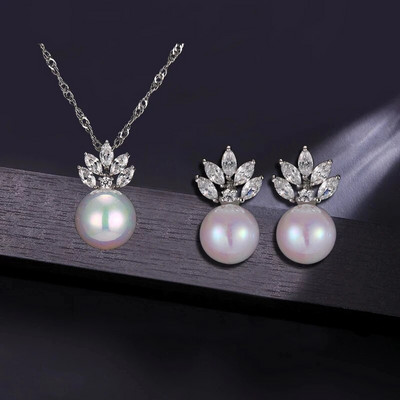 SUGO Classic Fashion Snowflake Zircon with Pearl Earrings Κολιέ Σετ κοσμημάτων για κομψές γυναίκες Αξεσουάρ δείπνου