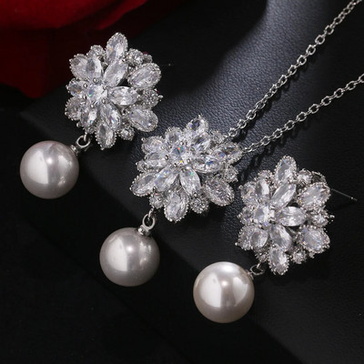 SUGO Classic Fashion Snowflake Zircon with Pearl Earrings Κολιέ Σετ κοσμημάτων για κομψές γυναίκες Αξεσουάρ δείπνου