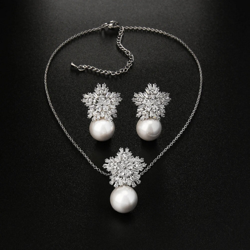 SUGO Classic Fashion Snowflake Zircon with Pearl Earrings Κολιέ Σετ κοσμημάτων για κομψές γυναίκες Αξεσουάρ δείπνου