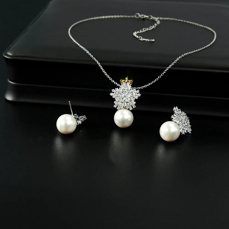 SUGO Classic Fashion Snowflake Zircon with Pearl Earrings Κολιέ Σετ κοσμημάτων για κομψές γυναίκες Αξεσουάρ δείπνου