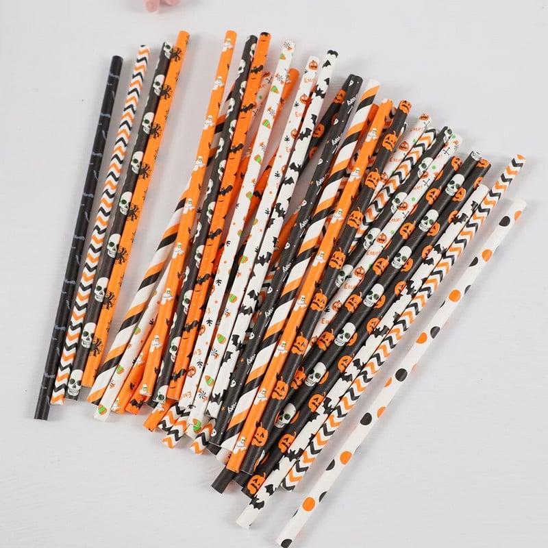 50 τεμ. Απόκριες άχυρο κολοκύθας νυχτερίδα αράχνη ιστός αράχνη σκελετός μοτίβο μάγισσας Καλαμάκια από χαρτί κατανάλωσης μιας χρήσης Διακόσμηση αποκριάτικου πάρτι