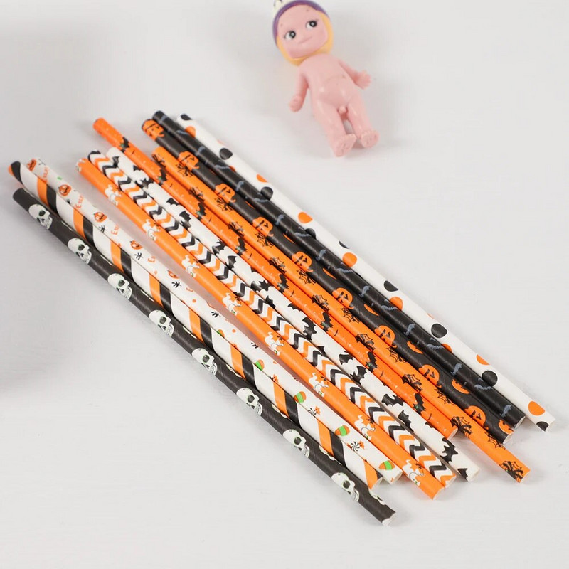 50 τεμ. Απόκριες άχυρο κολοκύθας νυχτερίδα αράχνη ιστός αράχνη σκελετός μοτίβο μάγισσας Καλαμάκια από χαρτί κατανάλωσης μιας χρήσης Διακόσμηση αποκριάτικου πάρτι