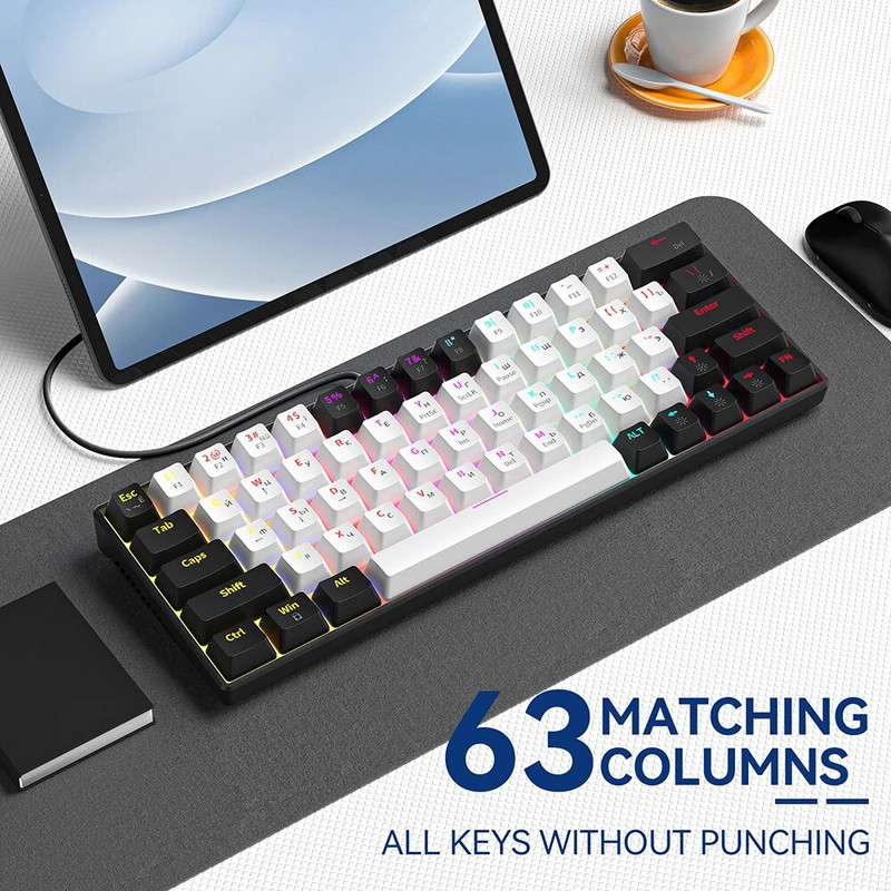 ZA646 Ενσύρματο μηχανικό πληκτρολόγιο παιχνιδιών για Gamer Ρωσικά/Αγγλικά 63 πλήκτρα με οπίσθιο φωτισμό Hot-swap Mini Game Πληκτρολόγιο 60% για ταξίδια