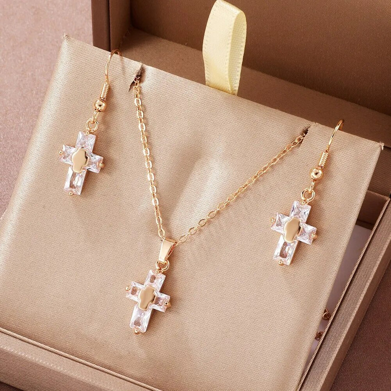 2 ΤΕΜ Σταυρός Σετ Κοσμήματα Κολιέ Σκουλαρίκια Πολυτελές γούρι κυβικό ζιργκόν για γυναίκα Florid δώρο γάμου
