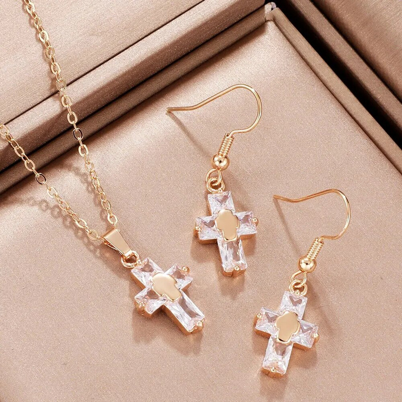 2 ΤΕΜ Σταυρός Σετ Κοσμήματα Κολιέ Σκουλαρίκια Πολυτελές γούρι κυβικό ζιργκόν για γυναίκα Florid δώρο γάμου