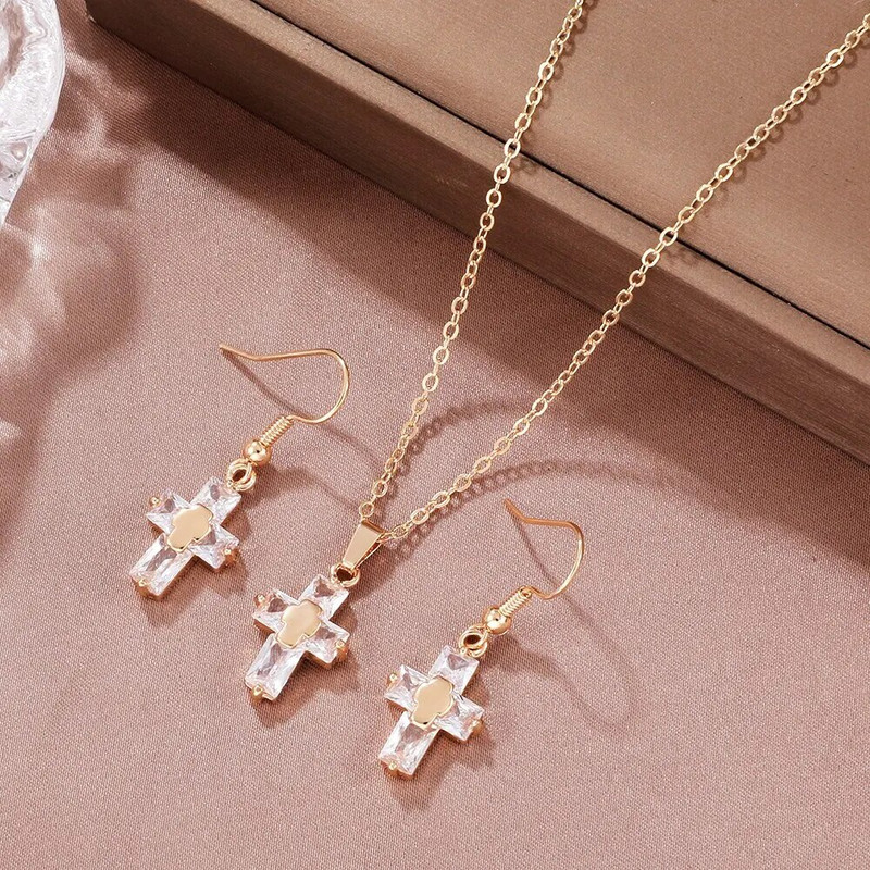 2 ΤΕΜ Σταυρός Σετ Κοσμήματα Κολιέ Σκουλαρίκια Πολυτελές γούρι κυβικό ζιργκόν για γυναίκα Florid δώρο γάμου
