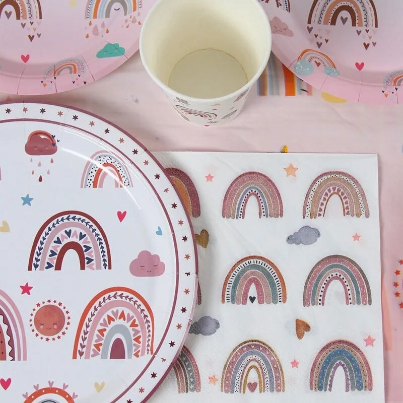 Μποέμικο ντεκόρ γενεθλίων με θέμα το ουράνιο τόξο Επιτραπέζιο σκεύος μιας χρήσης Χάρτινο κύπελλο χαρτοπετσέτα πιάτο Boho στυλ Νυφικό ντους για πάρτι