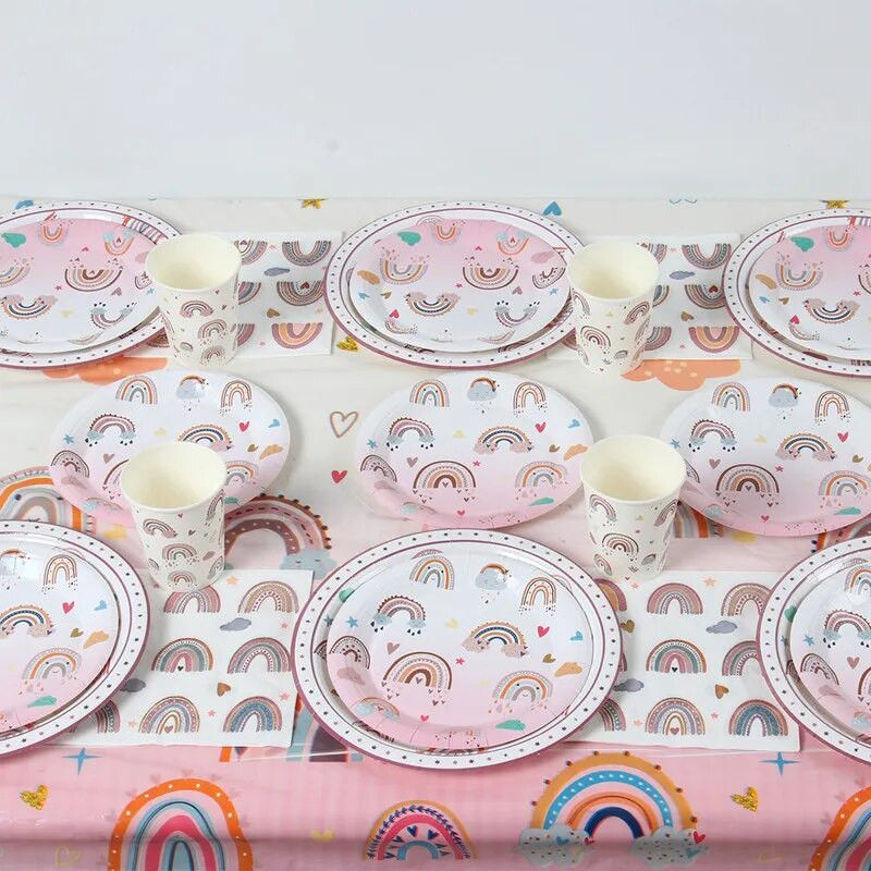 Μποέμικο ντεκόρ γενεθλίων με θέμα το ουράνιο τόξο Επιτραπέζιο σκεύος μιας χρήσης Χάρτινο κύπελλο χαρτοπετσέτα πιάτο Boho στυλ Νυφικό ντους για πάρτι