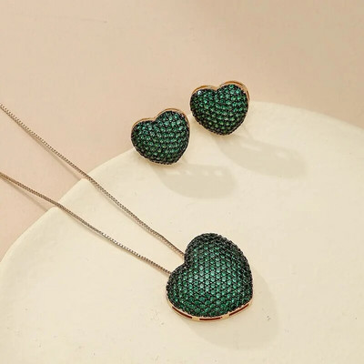 Κλασικό μοντέρνο μενταγιόν κολιέ και σκουλαρίκι σε σχήμα καρδιάς πράσινο κυβικό ζιργκόν και σκουλαρίκι CZ σετ κοσμημάτων για γυναίκες δώρο Bijoux Femme
