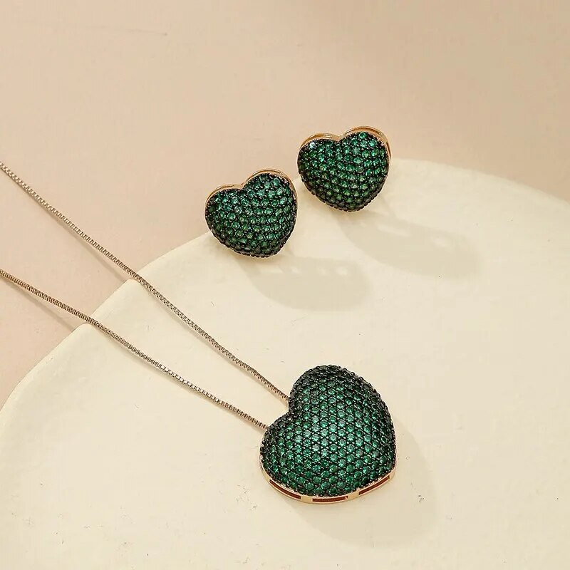 Κλασικό μοντέρνο μενταγιόν κολιέ και σκουλαρίκι σε σχήμα καρδιάς πράσινο κυβικό ζιργκόν και σκουλαρίκι CZ σετ κοσμημάτων για γυναίκες δώρο Bijoux Femme