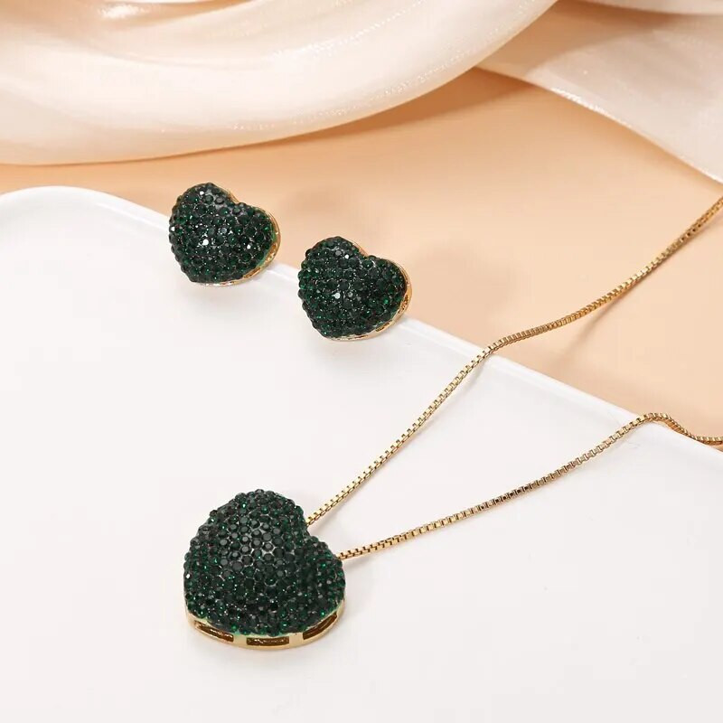 Κλασικό μοντέρνο μενταγιόν κολιέ και σκουλαρίκι σε σχήμα καρδιάς πράσινο κυβικό ζιργκόν και σκουλαρίκι CZ σετ κοσμημάτων για γυναίκες δώρο Bijoux Femme