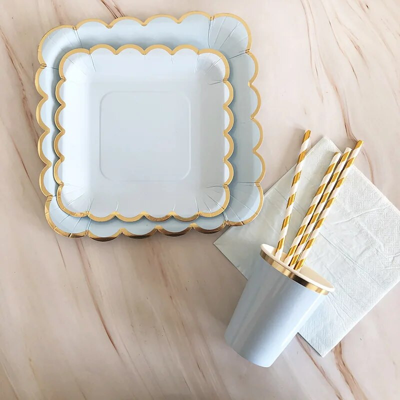 Χρυσό μπλε σερβίτσιο μιας χρήσης Χάρτινα ψάθινα φλιτζάνια Πιάτα Χαρτοπετσέτες Μπομπονιέρες ντους για γενέθλια Διακόσμηση γάμου προμήθειες για πάρτι