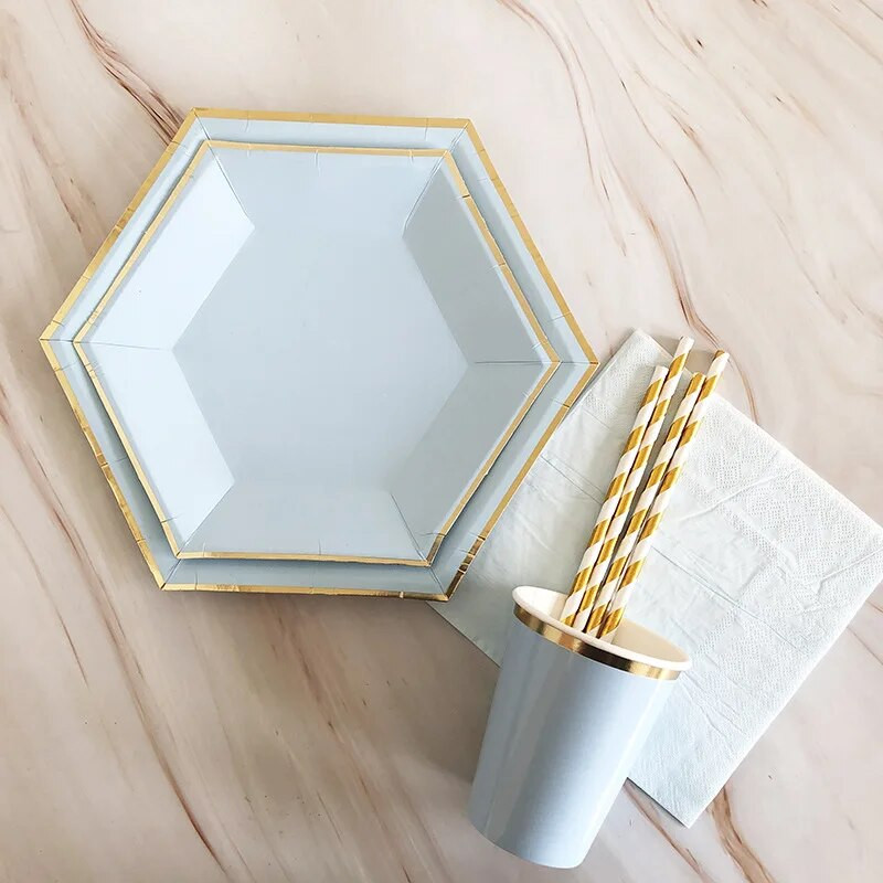 Χρυσό μπλε σερβίτσιο μιας χρήσης Χάρτινα ψάθινα φλιτζάνια Πιάτα Χαρτοπετσέτες Μπομπονιέρες ντους για γενέθλια Διακόσμηση γάμου προμήθειες για πάρτι