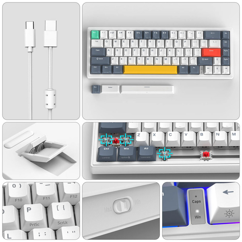 womier 60% Ενσύρματη φλάντζα μηχανικού πληκτρολογίου Πληκτρολόγιο παιχνιδιών V-K66 LED με οπίσθιο φωτισμό με πλήκτρα βέλους Προ-λιπανμένους γραμμικούς διακόπτες