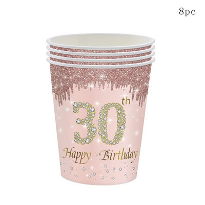 8Guests Rose Gold 30-aastane ühekordselt kasutatavate lauanõude komplekt 30-aastase lauakattega pabertaldrikud 30 naise 30. sünnipäeva peokaunistus