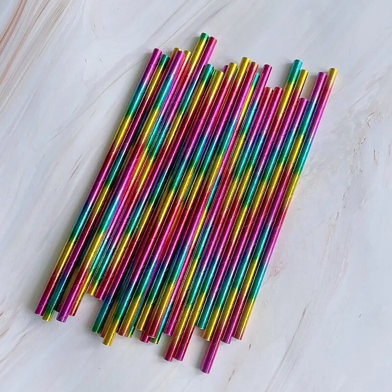 25 τμχ Πολύχρωμα επιχρυσωμένα χάρτινα καλαμάκια μιας χρήσης Επιτραπέζια σκεύη από χάρτινα καλαμάκια ουράνιου τόξου Ζευγαρωμένα σωληνάρια ποτών Προμήθειες για πάρτι γενεθλίων