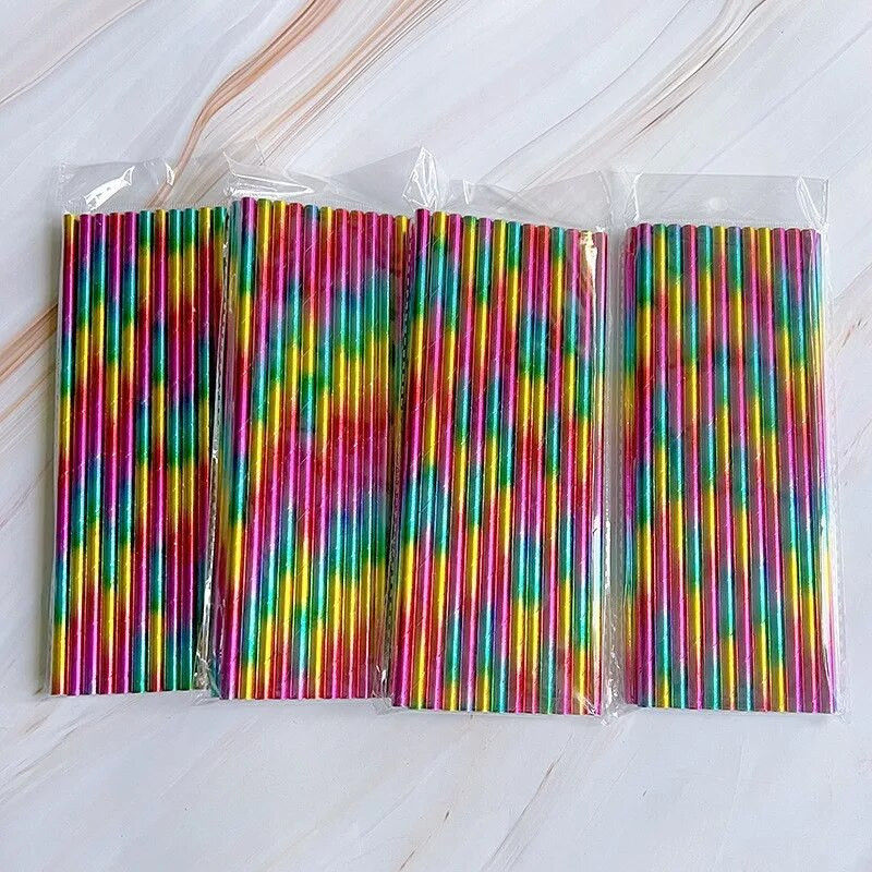 25 τμχ Πολύχρωμα επιχρυσωμένα χάρτινα καλαμάκια μιας χρήσης Επιτραπέζια σκεύη από χάρτινα καλαμάκια ουράνιου τόξου Ζευγαρωμένα σωληνάρια ποτών Προμήθειες για πάρτι γενεθλίων