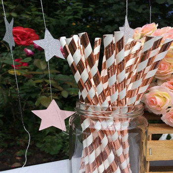 25 τμχ Ροζ χρυσό χαρτί καλαμάκια ριγέ κουκκίδα Ψάθινο άχυρο μίας χρήσης Στολισμός γάμου Ψάθινο παιδικό ντους προμήθειες γενεθλίων