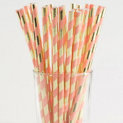 25 τμχ Ροζ χρυσό χαρτί καλαμάκια ριγέ κουκκίδα Ψάθινο άχυρο μίας χρήσης Στολισμός γάμου Ψάθινο παιδικό ντους προμήθειες γενεθλίων