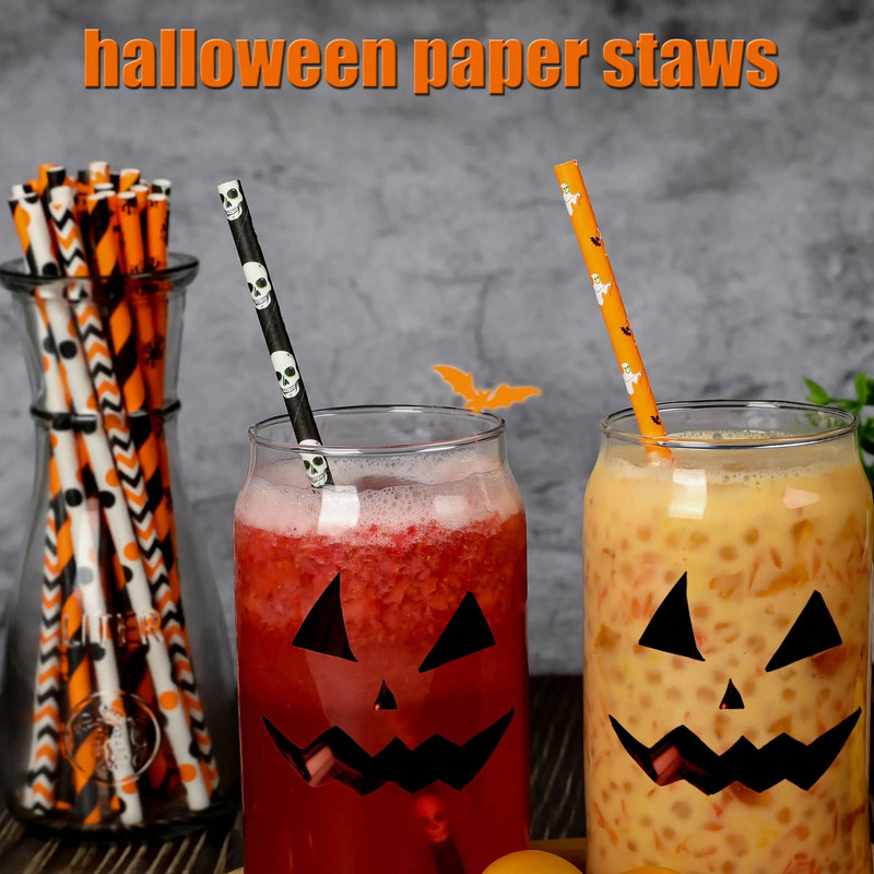 Καλαμάκια από χαρτί αποκριάτικων 25/50 τεμαχίων βιοδιασπώμενη νυχτερίδα κολοκύθας Ghost Drinking Stripe Dot Straw για είδη γάμου Μπομπονιέρες για πάρτι