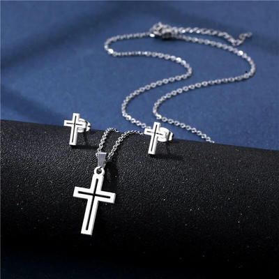 Σετ σκουλαρίκια κολιέ 316L Luxury Charm Punk Γυναικεία Lover`s Cartoon Cross Silver χρώμα Κρεμαστό σκουλαρίκι Κολιέ Κοσμήματα