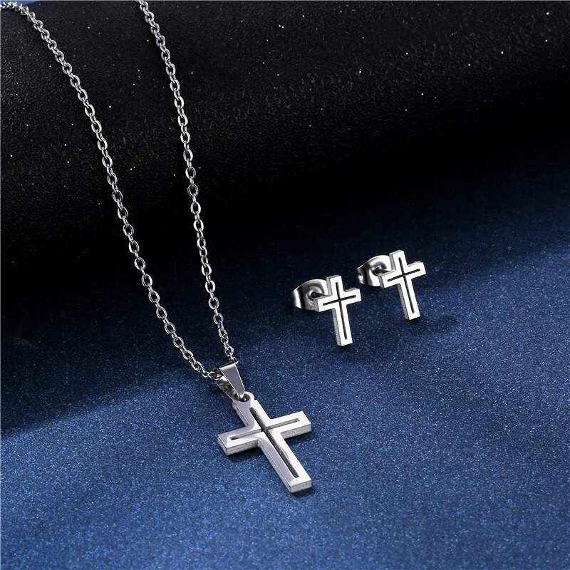 Σετ σκουλαρίκια κολιέ 316L Luxury Charm Punk Γυναικεία Lover`s Cartoon Cross Silver χρώμα Κρεμαστό σκουλαρίκι Κολιέ Κοσμήματα