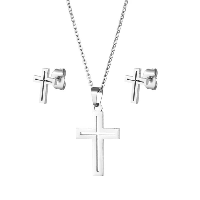 Σετ σκουλαρίκια κολιέ 316L Luxury Charm Punk Γυναικεία Lover`s Cartoon Cross Silver χρώμα Κρεμαστό σκουλαρίκι Κολιέ Κοσμήματα