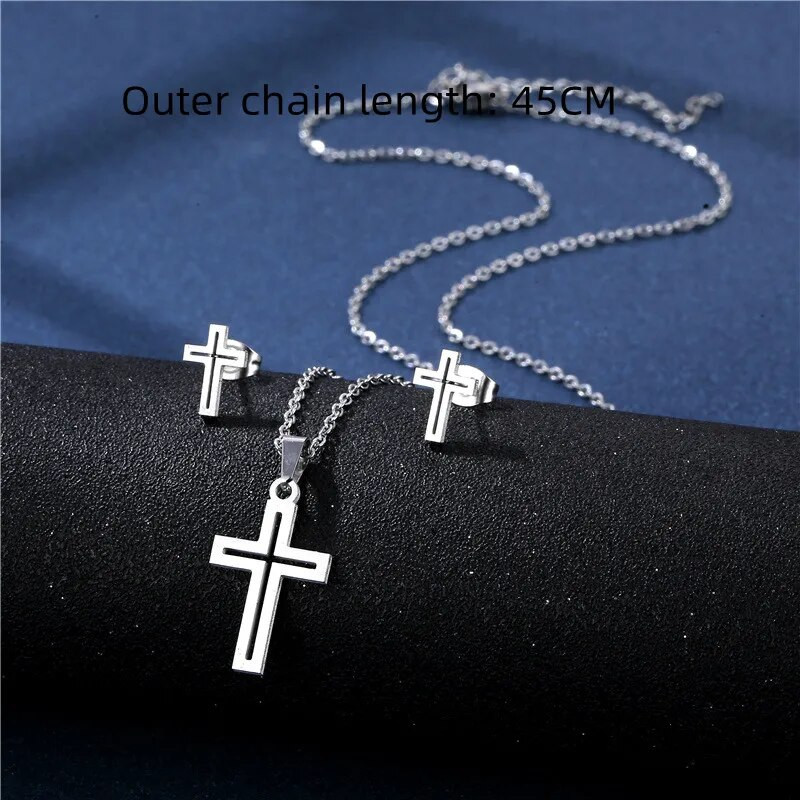 Σετ σκουλαρίκια κολιέ 316L Luxury Charm Punk Γυναικεία Lover`s Cartoon Cross Silver χρώμα Κρεμαστό σκουλαρίκι Κολιέ Κοσμήματα