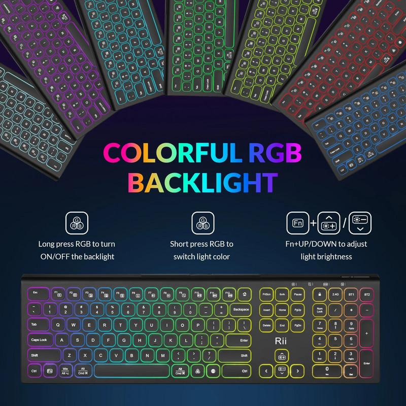 Rii RK801 Bluetooth ασύρματο πληκτρολόγιο RGB με οπίσθιο φωτισμό Αθόρυβο πληκτρολόγιο αριθμών, διπλή λειτουργία για Mac/Windows/Linux και υπολογιστή/PC
