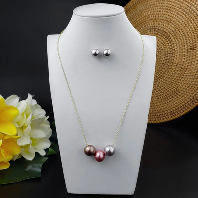 Sjajna trostruka okrugla lebdeća ogrlica s naušnicama od crnog bisera Set nakita Ručno izrađeni poklon za djeveruše iz Havaja Polinezije