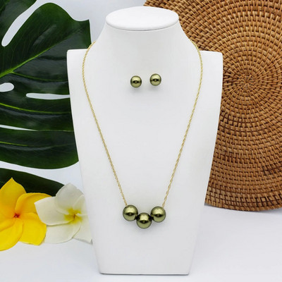 Sjajna trostruka okrugla lebdeća ogrlica s naušnicama od crnog bisera Set nakita Ručno izrađeni poklon za djeveruše iz Havaja Polinezije