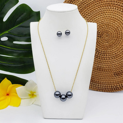 Sjajna trostruka okrugla lebdeća ogrlica s naušnicama od crnog bisera Set nakita Ručno izrađeni poklon za djeveruše iz Havaja Polinezije