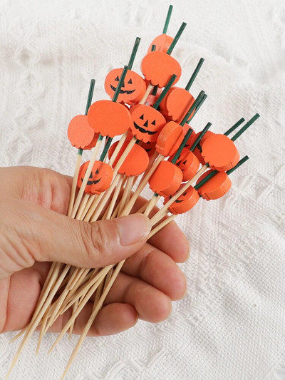 50 tk Halloweeni kõrvitsa bambusest ühekordselt kasutatav puuviljakahvel varras võileib magustoit kook Toiduvalik Sünnipäeva Halloweeni peo kaunistus
