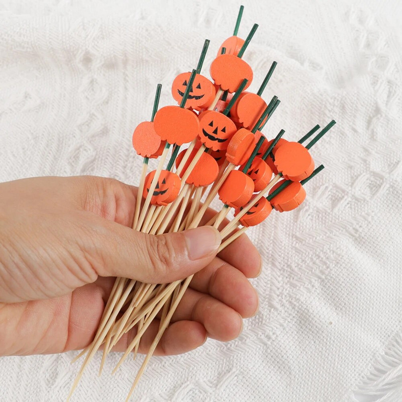50 tk Halloweeni kõrvitsa bambusest ühekordselt kasutatav puuviljakahvel varras võileib magustoit kook Toiduvalik Sünnipäeva Halloweeni peo kaunistus