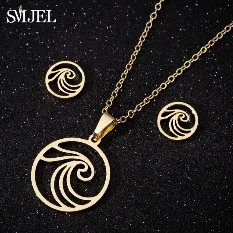 SMJEL Ogrlica s valovima od nehrđajućeg čelika, privjesak Nakit za morske surfere za žene Ocean Wave Charm Choker ogrlice Set naušnica Veleprodaja