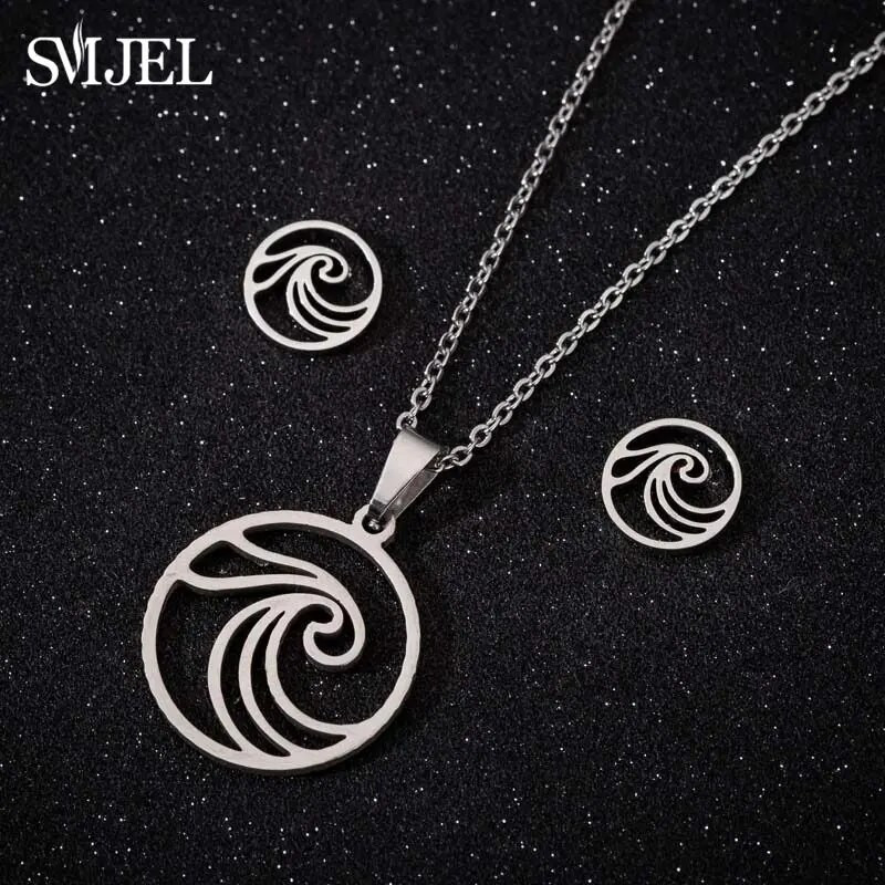 SMJEL Ogrlica s valovima od nehrđajućeg čelika, privjesak Nakit za morske surfere za žene Ocean Wave Charm Choker ogrlice Set naušnica Veleprodaja