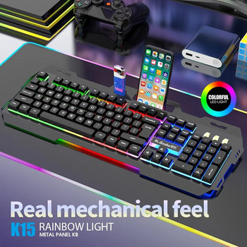 Кабелна игрална клавиатура с RGB LED подсветка, метална основа, държач за телефон, 12 мултимедийни функции за компютър, компютър, настолен геймър