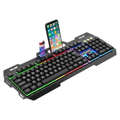 Wired Gaming Keyboard with Backlit RGB LED Metal Base Phone Holder 12 Multimedia Function for Computer PC Desktop Gamer