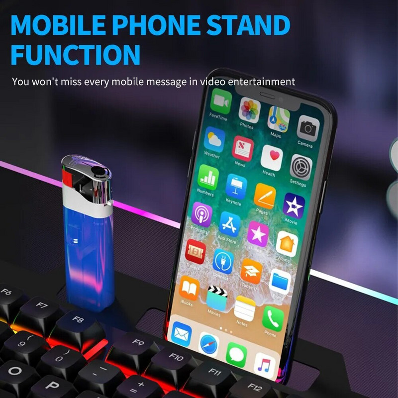 Juhtmega mänguklaviatuur taustavalgustusega RGB LED metallist telefonihoidikuga 12 multimeediafunktsiooniga arvuti lauaarvuti mängijale