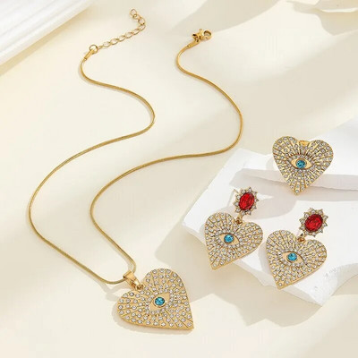 3 τμχ Σετ κοσμήματος σε σχήμα ματιών με κρύσταλλο καρδιά Κρεμαστό κολιέ καρφωτά σκουλαρίκια Δαχτυλίδι σε στυλ μποέμ για γυναίκα Νέο σχέδιο δώρο για πάρτι