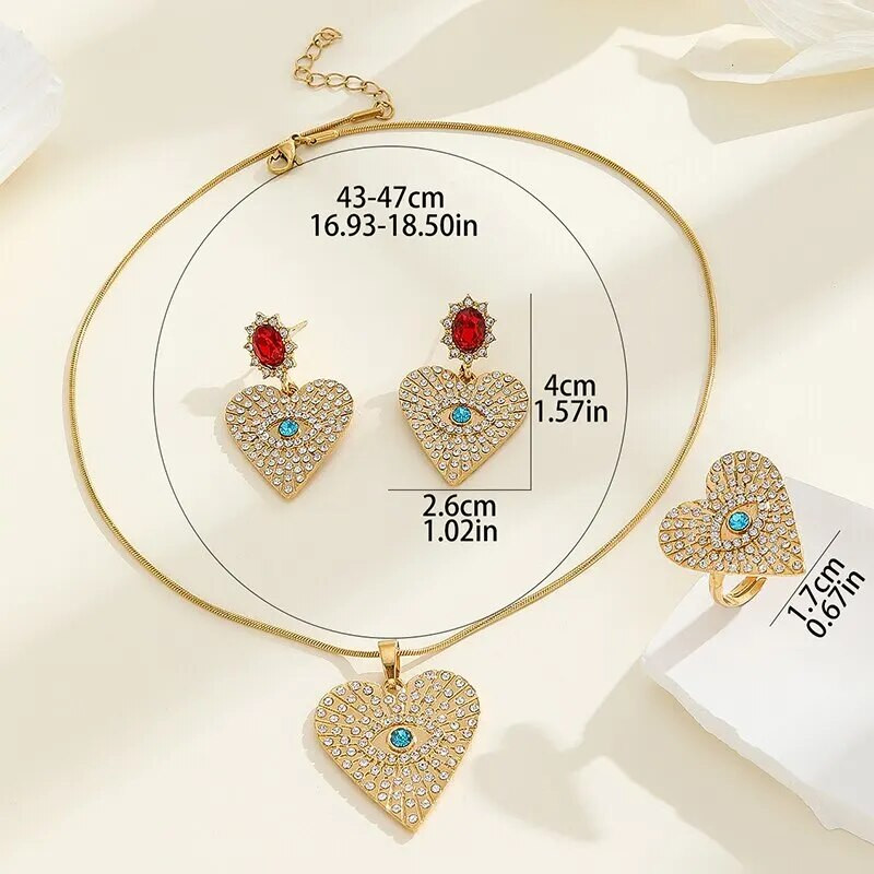 3 τμχ Σετ κοσμήματος σε σχήμα ματιών με κρύσταλλο καρδιά Κρεμαστό κολιέ καρφωτά σκουλαρίκια Δαχτυλίδι σε στυλ μποέμ για γυναίκα Νέο σχέδιο δώρο για πάρτι