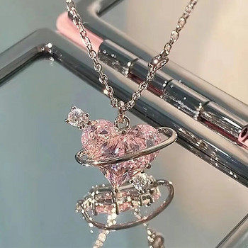 Σετ σκουλαρίκι με κολιέ κρύσταλλο ροζ καρδιά Set Fashion Kpop Shiny Clavicle Chain για γυναίκες κορίτσια Νέα τάση Δώρα για πάρτι Κοσμήματα 2023