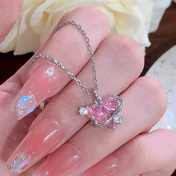 Y2K Crystal Pink Heart Necklac Комплект обеци Модна Kpop блестяща ключица верига за жени Момичета Нова тенденция Парти подаръци Бижута 2023 г.
