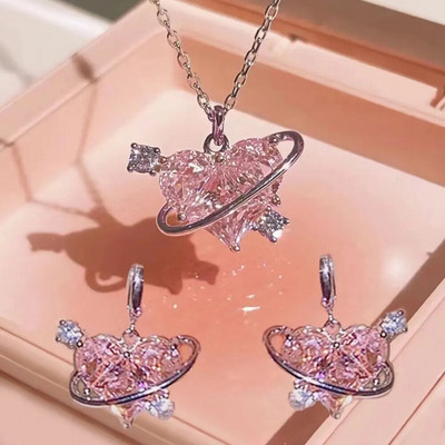 Y2K Crystal Pink Heart Necklac Комплект обеци Модна Kpop блестяща ключица верига за жени Момичета Нова тенденция Парти подаръци Бижута 2023 г.